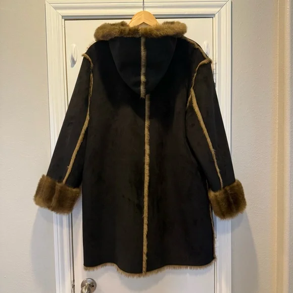 Dennis Basso Reversible Coat Black Brown Faux Suede Faux Fur Hooded Sz Large - Picture 3 of 9